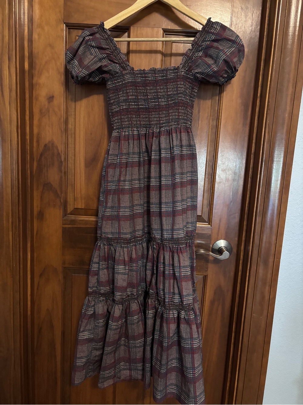 O.P.T. Tiered Midi Dress in Reddish Brown and Blue Plaid - Picture 4 of 6